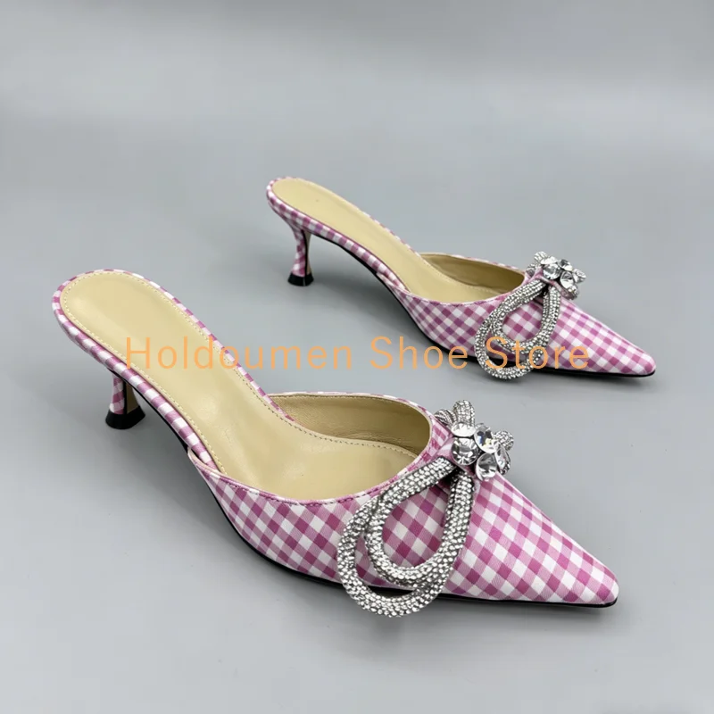 

Classic Color Block Plaid Silk Wrapped Pointed Toe Slipper Fashion Double Layer Band Rhinestone Flower Adorn Kitten Heel Slipper