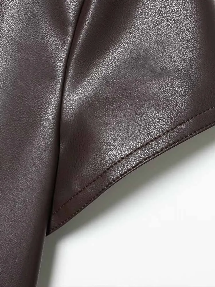 فستان قصير من الجلد الصناعي على الطراز الأوروبي والأمريكي للخريف/الشتاء وصل حديثًا برقبة دائرية وأكمام قصيرة #6