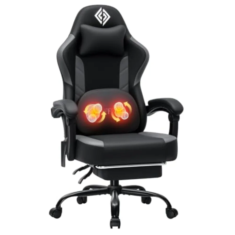Gaming Chair with Heated Kneading Massage for Home Office Use, PU Leather, Black, Ergonomic Support and Adjustable Lumbar Pillo