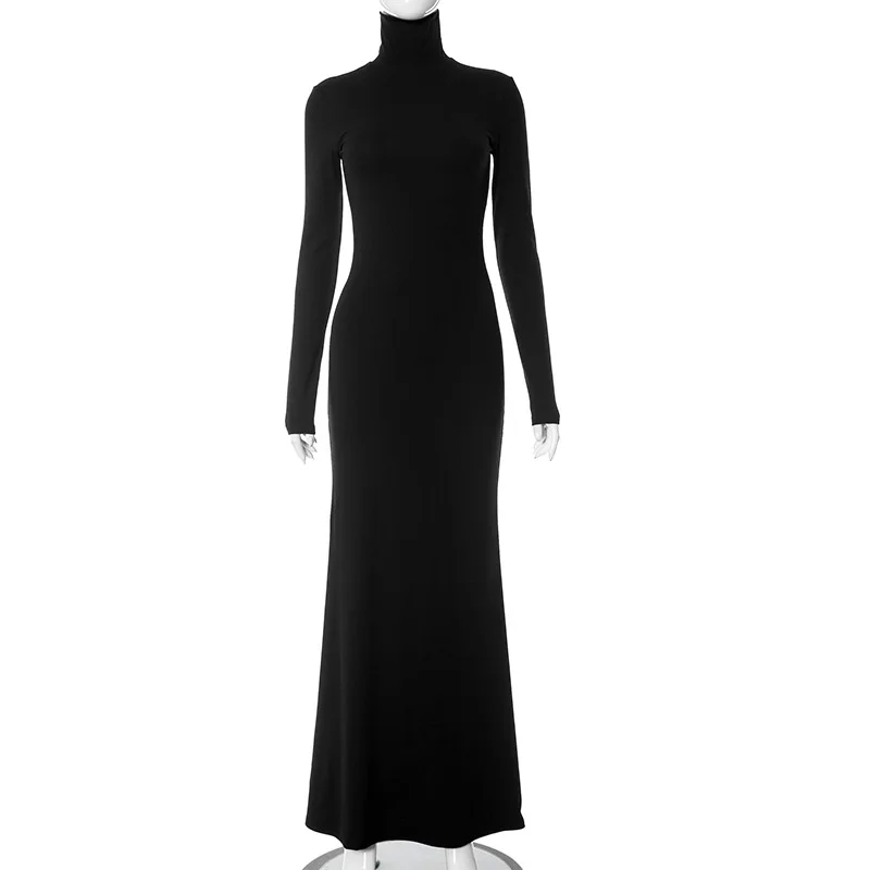 Cryptographic Fall Winter Turtleneck Elegant Long Sleeve Maxi Dress Outfits for Women Casual Fashion Bodycon Dresses Vestido