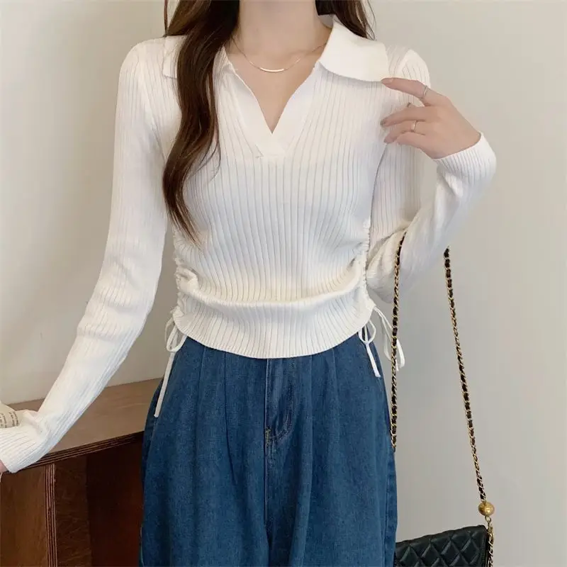 Women Autumn Winter Polo Collar Striped Knit Sweater Drawstring Ruched Long Sleeve Elegant Loose Fit Casual Pullover Tops