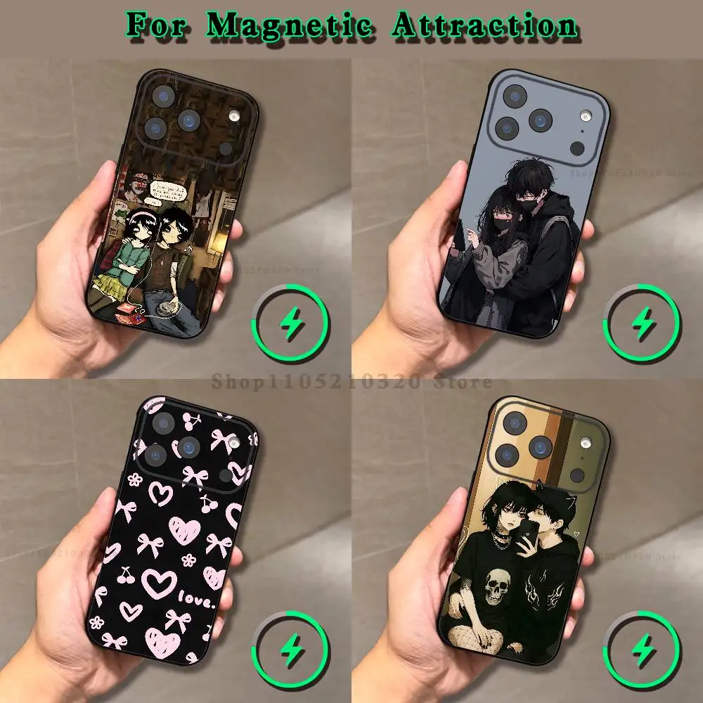 Love Black And Cute Emo Goth Phone Case For iPhone 17,16,15,14,13,12,X,XS,Pro,Max,Plus,E,Air,Mini with Magnetic Frosted Clear