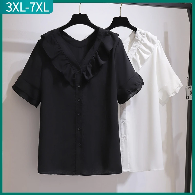 

New 2023 Ladies Summer Plus Size Tops For Women Large Short Sleeve Loose Casual White V-neck Chiffon Shirt 3XL 4XL 5XL 6XL 7XL