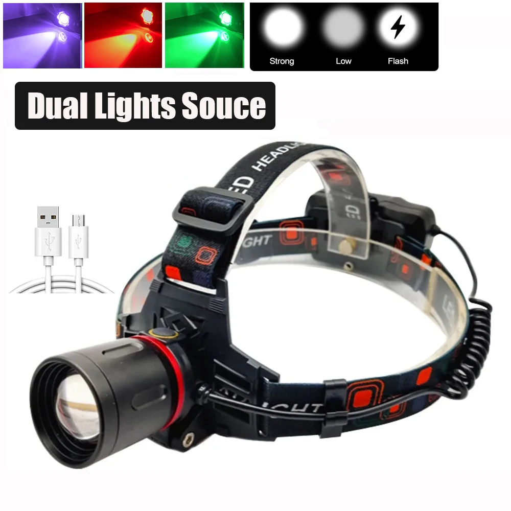 Linterna frontal de doble fuente de luz, Luz LED UV con Zoom, blanca, verde, roja, 395nm, para caza al aire libre, Camping, alimentada por 2x18650