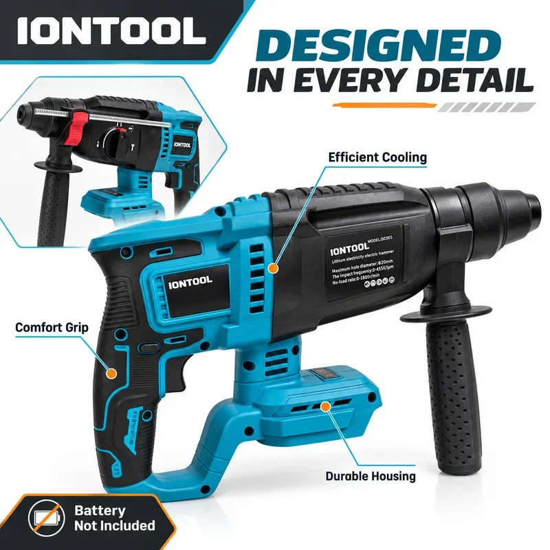 IONTOOL Cordless Rotary Hammer for Concrete Wall Drilling Brick Work and Home Renovation 26mm 1800RPM 4550BPM Tool Only