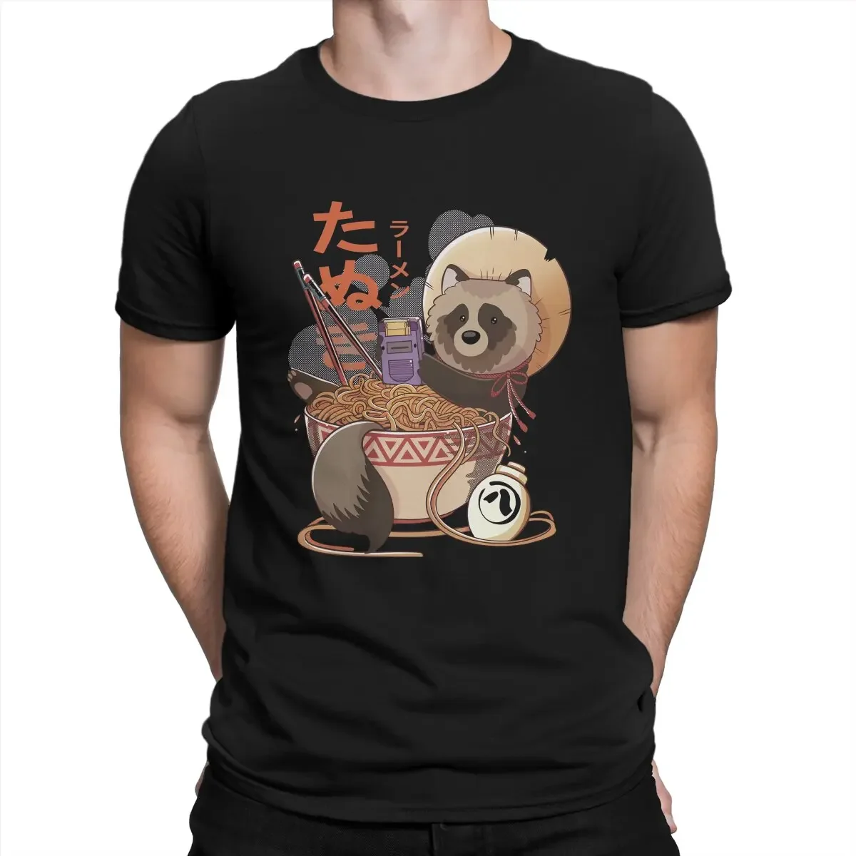 Tanuki Ramen Classic T-Shirts for Men Racoon Animals Casual Pure Cotton Tees Crewneck Short Sleeve T Shirt Gift Idea Tops