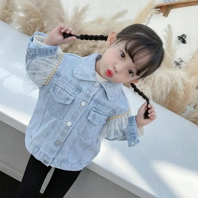 Spring Autumn Baby Girl Denim Jacket Coats 2024 New Children Clothing Cartoon Cat Lace Bow Outwear fashion Kids Long Sleeve Tops