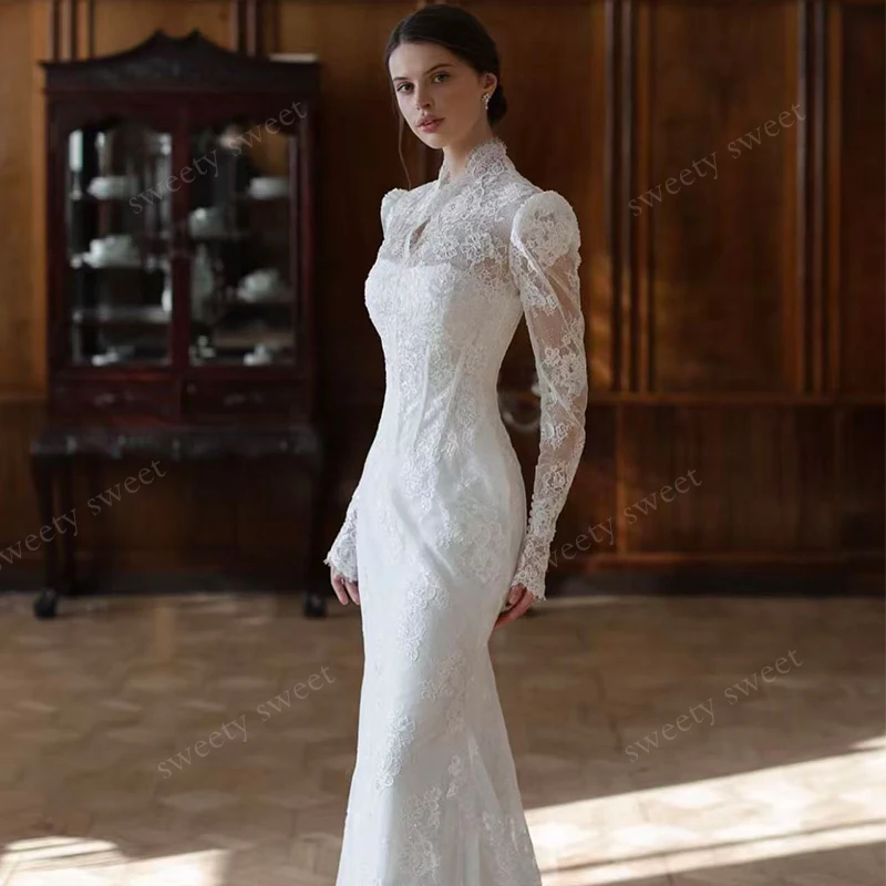 Detachable Train Wedding Dress Organza With Embroidery Mermaid Ball Gown Full Sleeve High-Neck Customized Bride Vestido De Novia