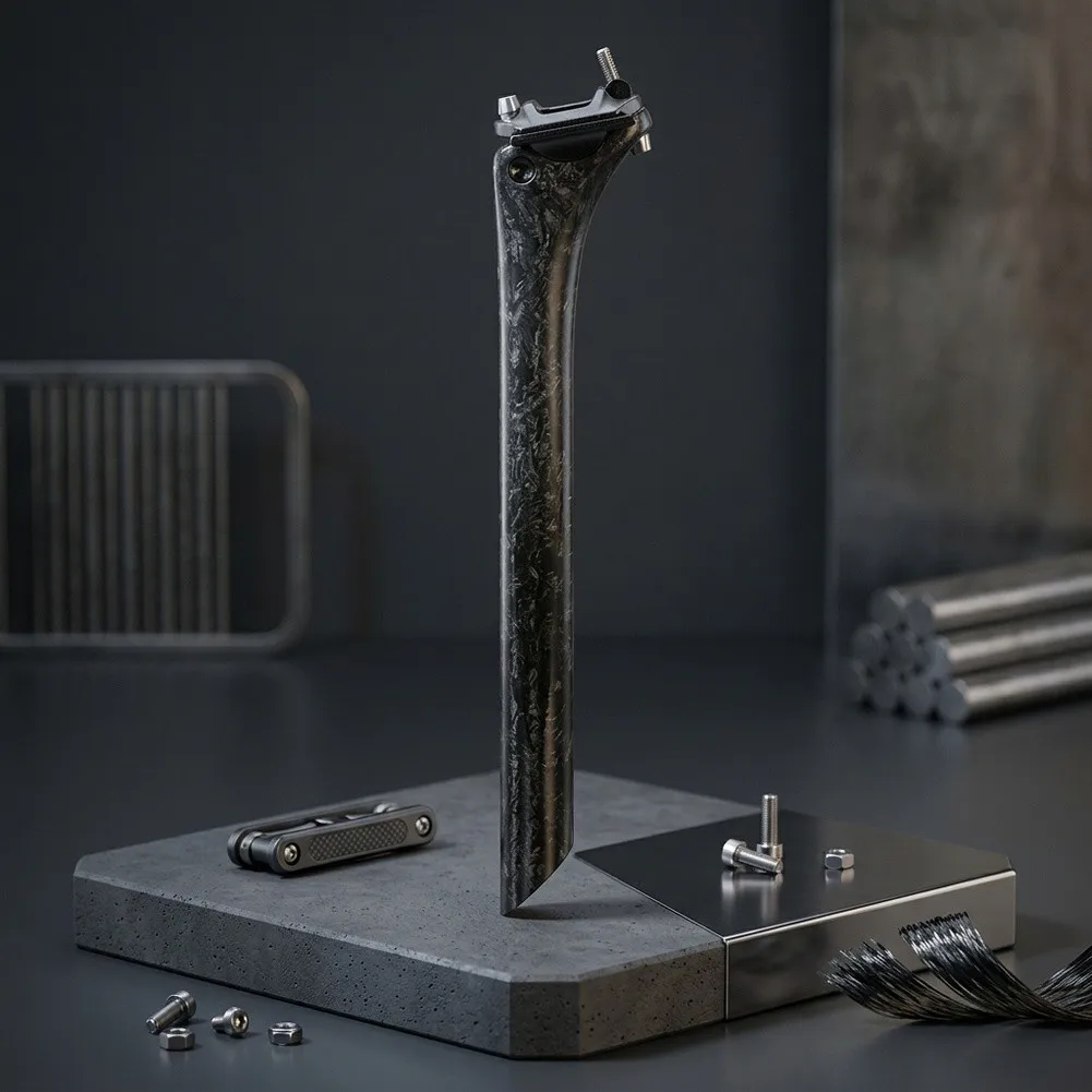 Ultraleichte Carbon-Sattelstütze für Fahrräder, 20 mm, mit versetztem Design, Titanschrauben, glatter Innenrohrstruktur, kompatibel mit Carbon-Schienen. – Detail 10