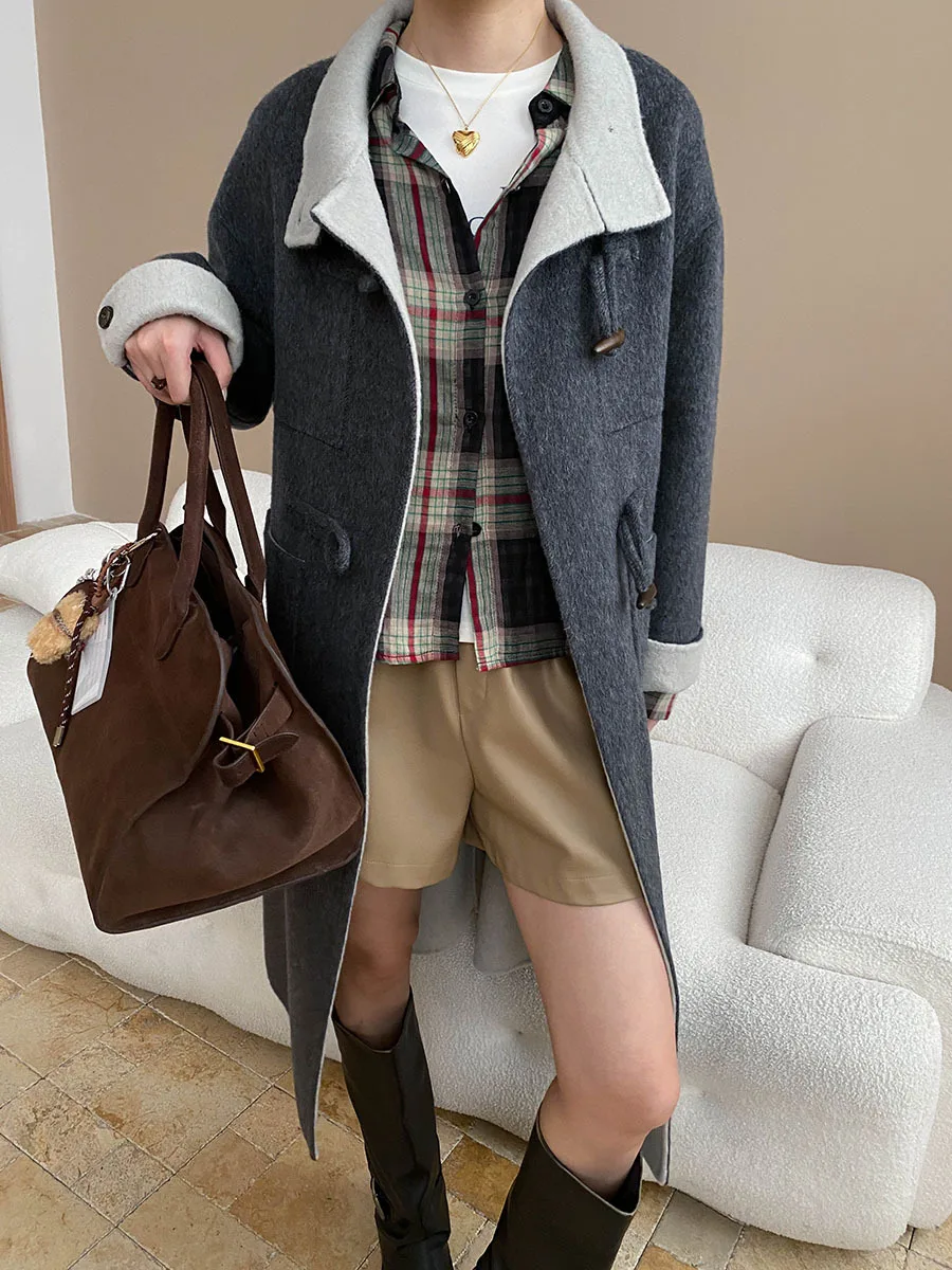 

Women's casual solid color two-piece collar double-sided color blocked cow horn button wool double-sided woolen coat