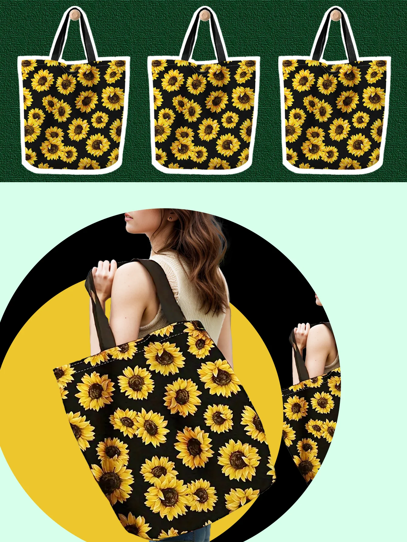 Sunflower Pattern Women\'s Handbag Large Capacity Canvas Shoulder Bag Foldable Environmental Handbag Reusable Shoulder Bag