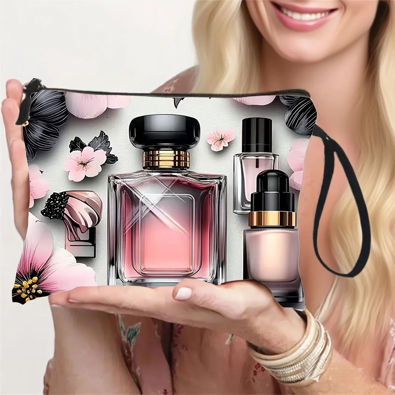 Perfume Bottle Floral   Makeup Bag Pink And Black Floral Design Lightweight And Practical Toiletry Bag Lipstick Per