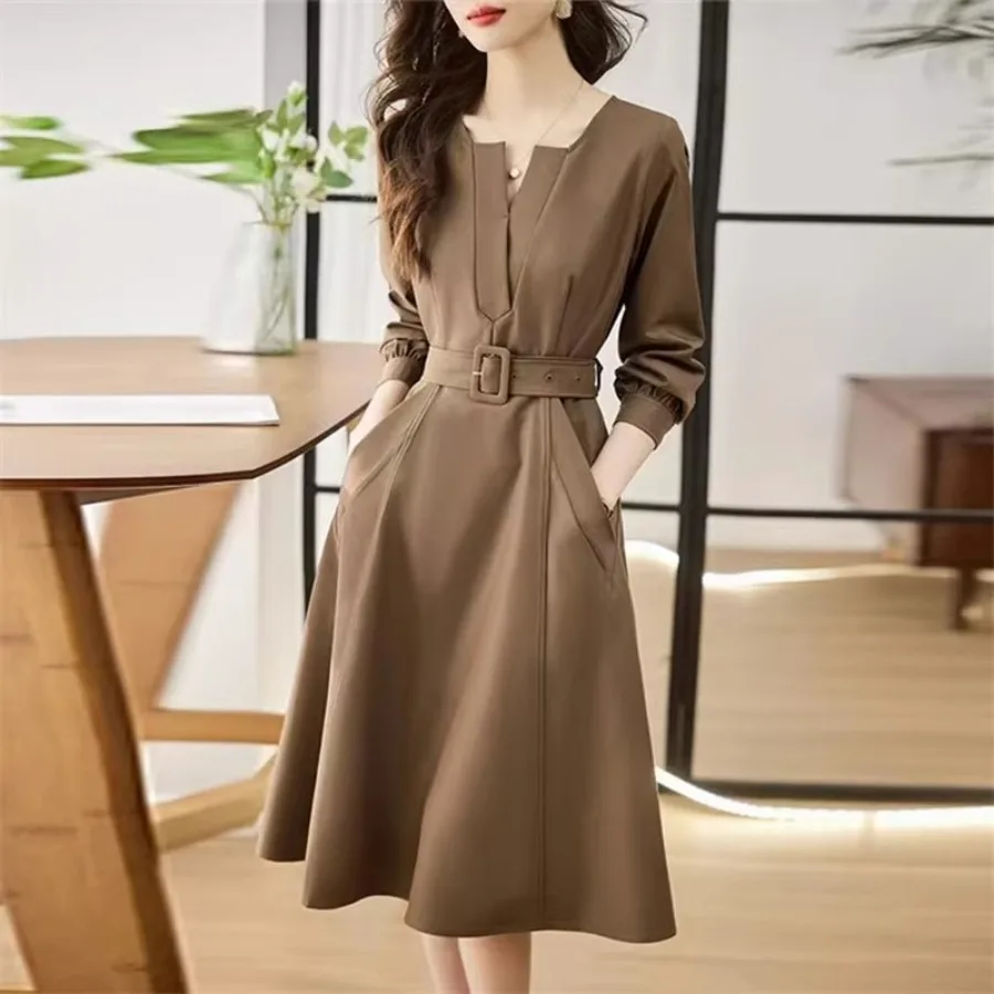 

【New Arrival】Coffee Notch Neck 3/4 Sleeve A-Line Midi Dress with Waist Belt and Pockets for Women