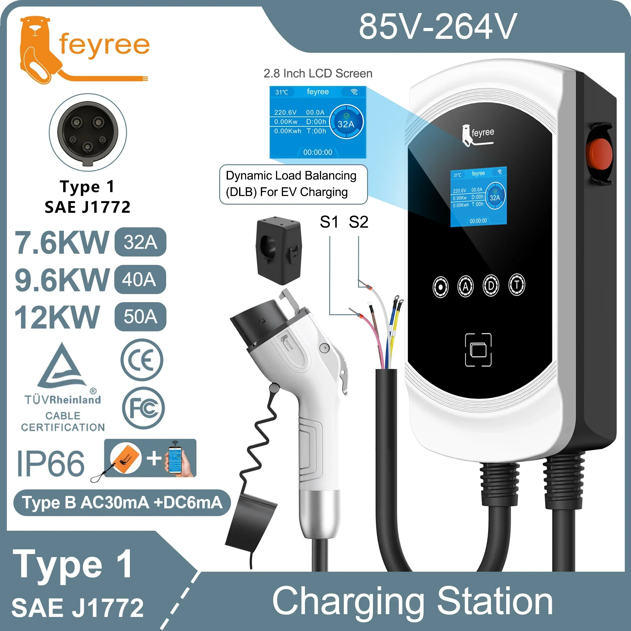 feyree DLB EV Charger Type1 EVSE Wallbox 32A 7.6KW 40A 9.6KW 50A 12KW 1P j1772 Adapter APP Control for Electric Vehicle Car