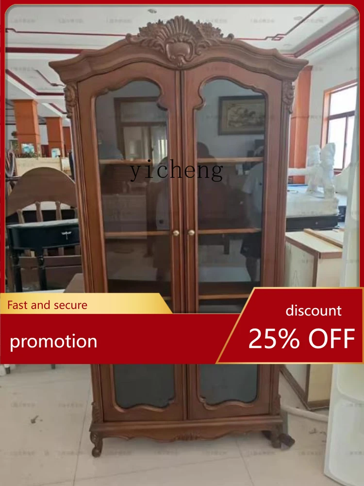 

CZ European-style Home Vintage Solid Wood Carved Distressed Display Cabinet Sideboard Antique-style Wine Cabinet