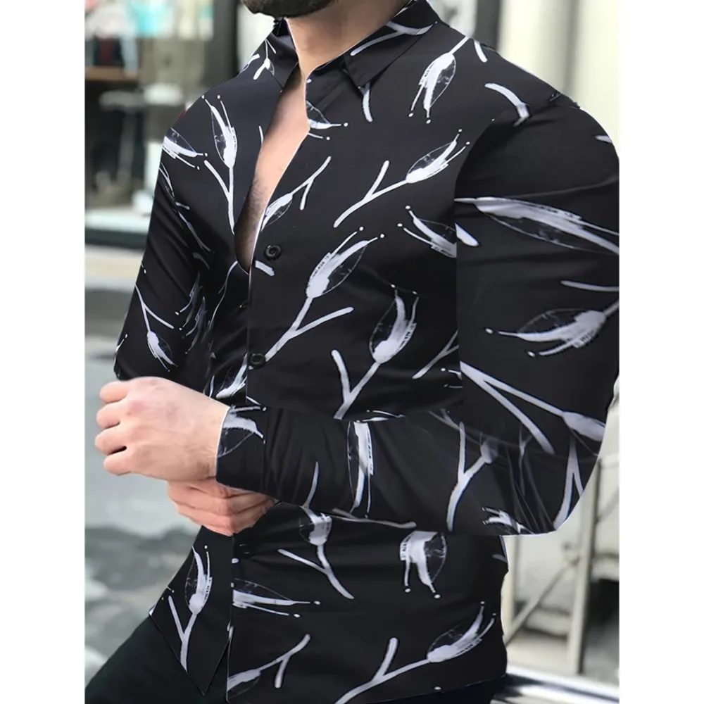 Daily Casual Men's Spring Long-sleeved Shirt Retro Patchwork Printed Shirt Single-breasted Lapel Fashion Versatile Men's Shirt