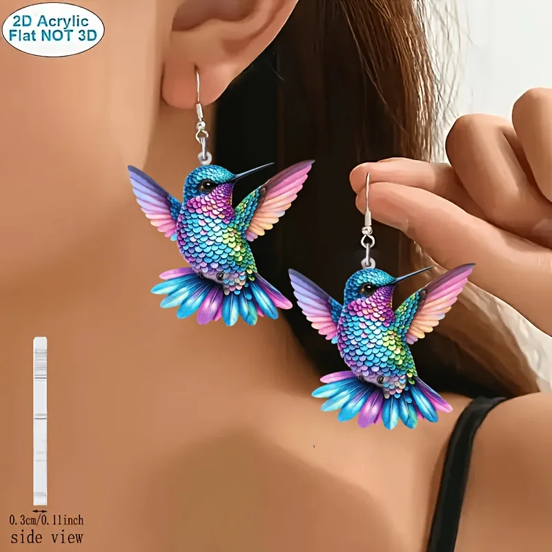 Vibrant Hummingbird Acrylic Dangle Earrings 2D Flat Colorful Bird Drop Earrings Women Bohemian Fashion Jewelry Party Daily Gift