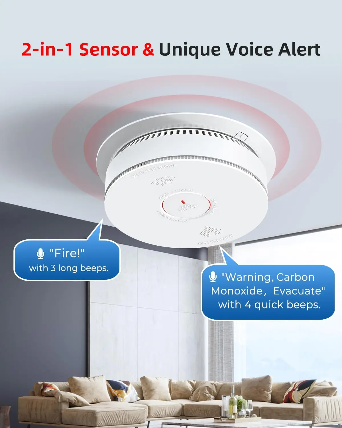 Hardwired Interconnected Smoke Detector Carbon Monoxide Detector Combo with 2 AA Batteries Back Up, 2 in 1 Smoke and C