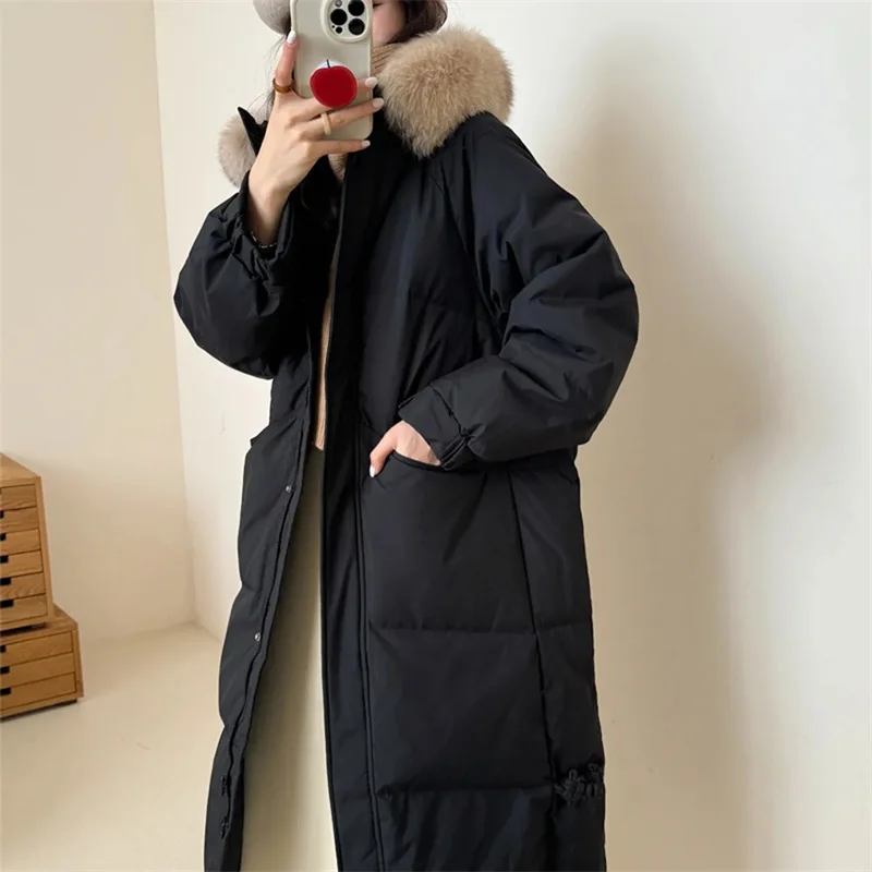 Winterjas Warme bontkraag Capuchon Dames Parka Mode Ritszakken Ontwerp Lange jas Elegante slanke dikke vrouwelijke jassen