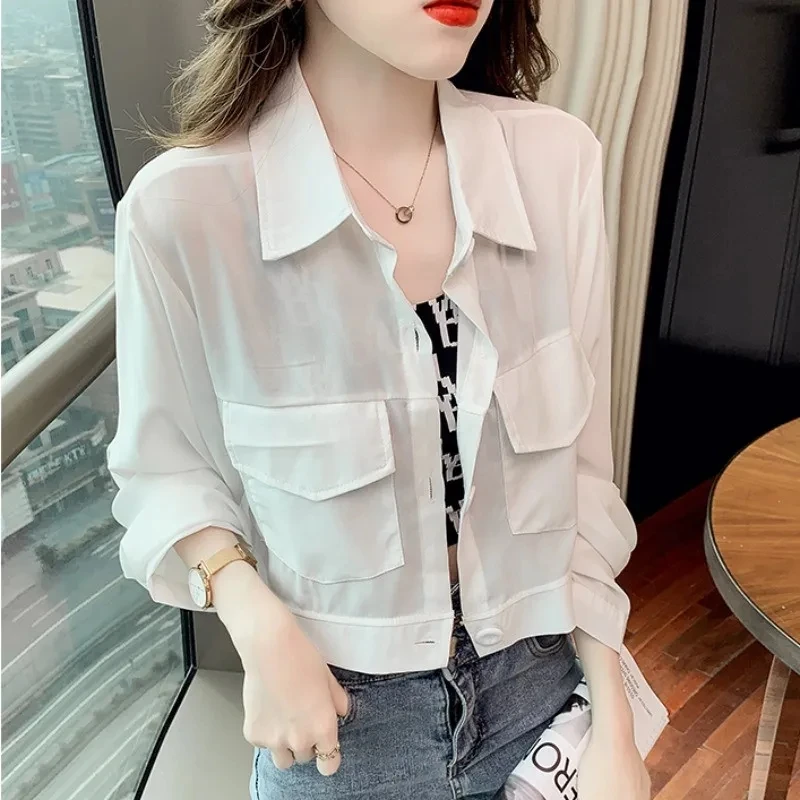 Thin Chiffon Sunscreen Women\'s Jacket 2022 New Summer Casual  Long-Sleeved Cardigan Short Coat Tops Green White Black Outerwear