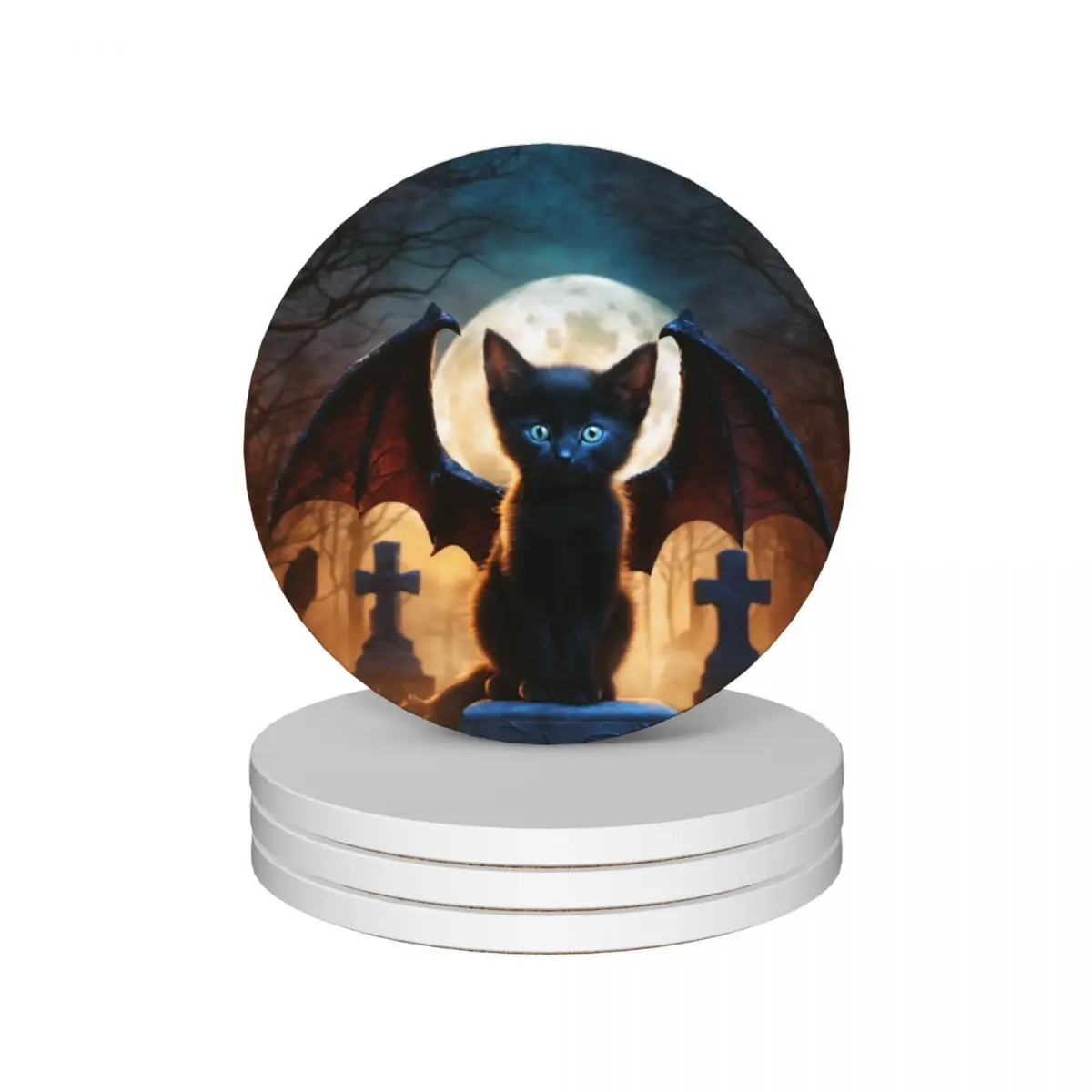 

A Black Dragon Kitten Sitting in a Graveyard Ceramic Coasters (Set of 4) black cute kitchen mug set Coasters