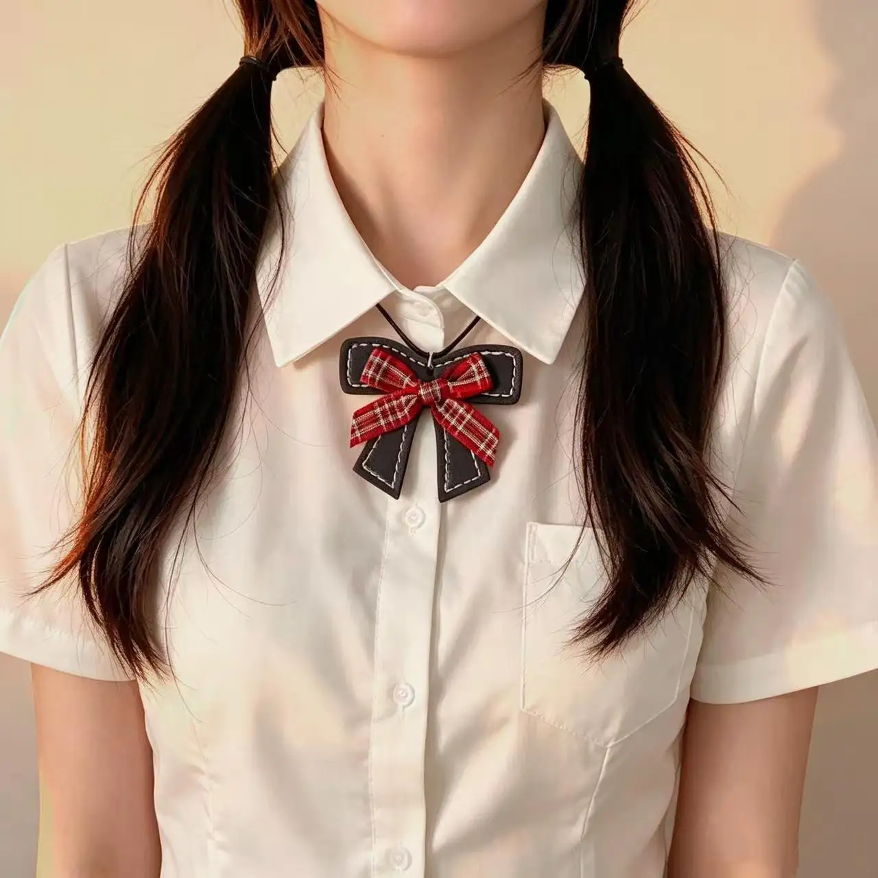 Punk  Simplicity College style  Subtle design sense Sweet and  Cool Red  Checkered  Bowknot Leather string Alloy  Collar chain