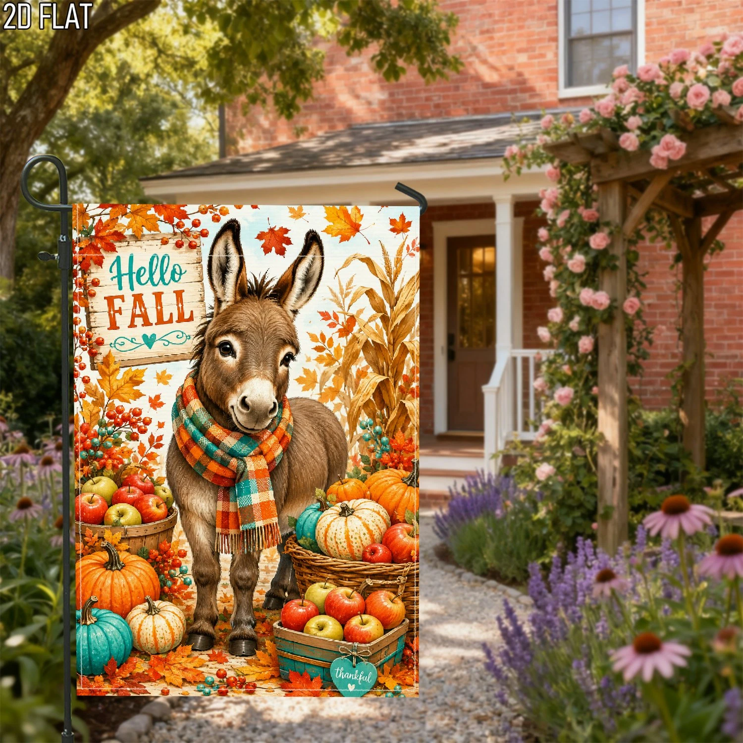 1pcs Hello Fall Cute Donkey Thanksgiving Harvest Garden Flag Rustic Autumn Farmhouse Yard Flag