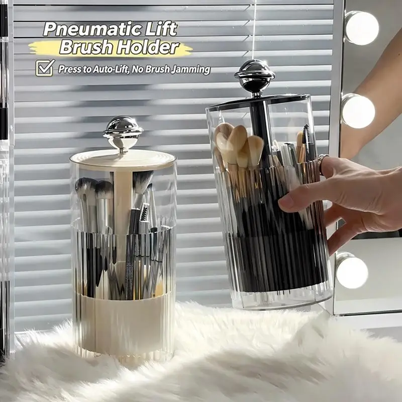 Automatic Lifting Makeup Brush Holder Dustproof Lid Space Saving Cosmetic Storage Box for Small Vanity Desktop Organizer