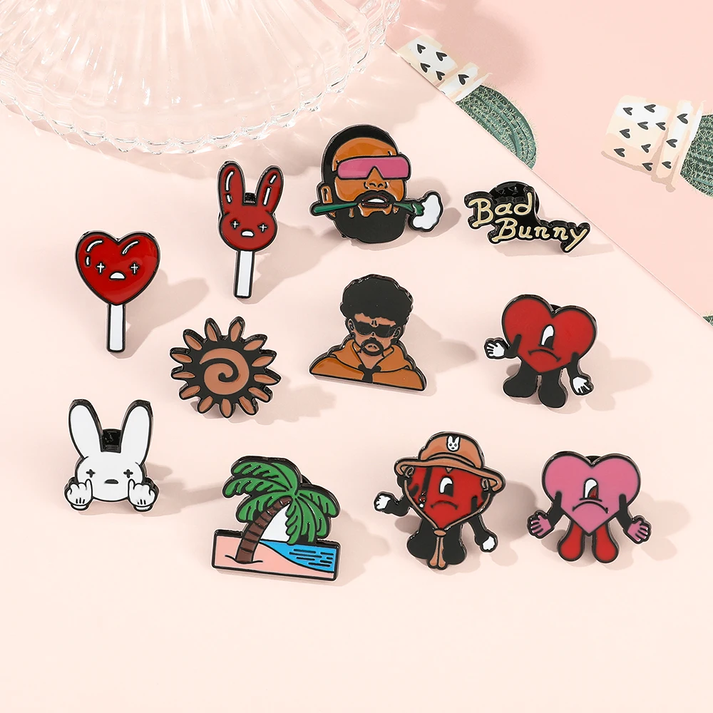 Bad Bunny Brooch Creative Jewelry Red Heart Rapper Bad Rabbit Enamel Pin for Clothing Backpack Pins Accessories for Kids Gift