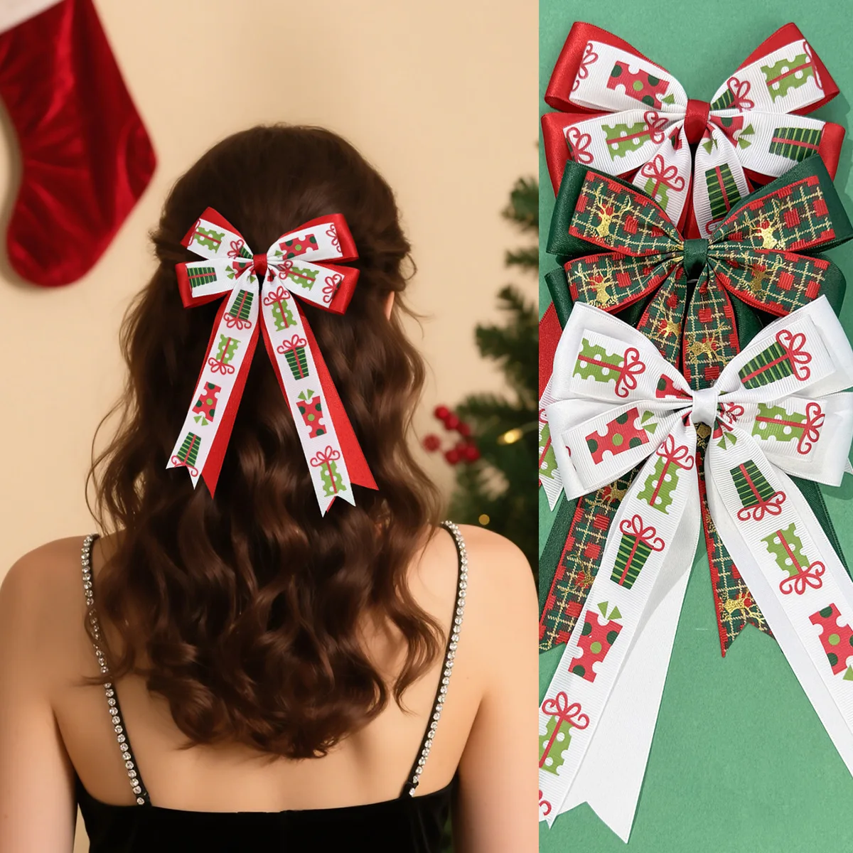 

24 шт., 5,3 дюйма, двухслойные заколки для волос с принтом и бантом на Рождество, головные уборы для женщин и девочек, длинные заколки с кисточками, зажим для хвоста