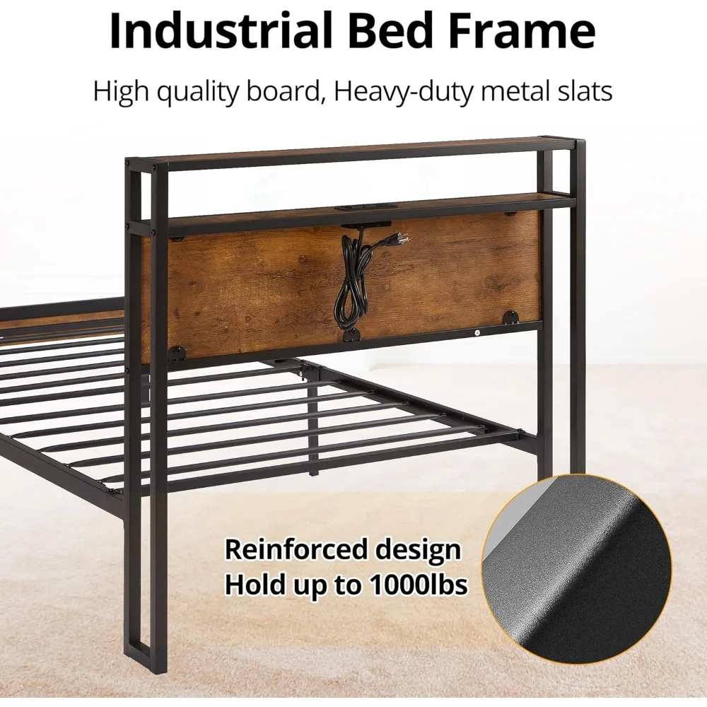 سرير بمنصة مزدوجة الحجم، إطار سرير معدني حديث مع لوح رأسي، USB، أضواء LED ومساحة تخزين تحت السرير، سرير معدني فردي Fra #5
