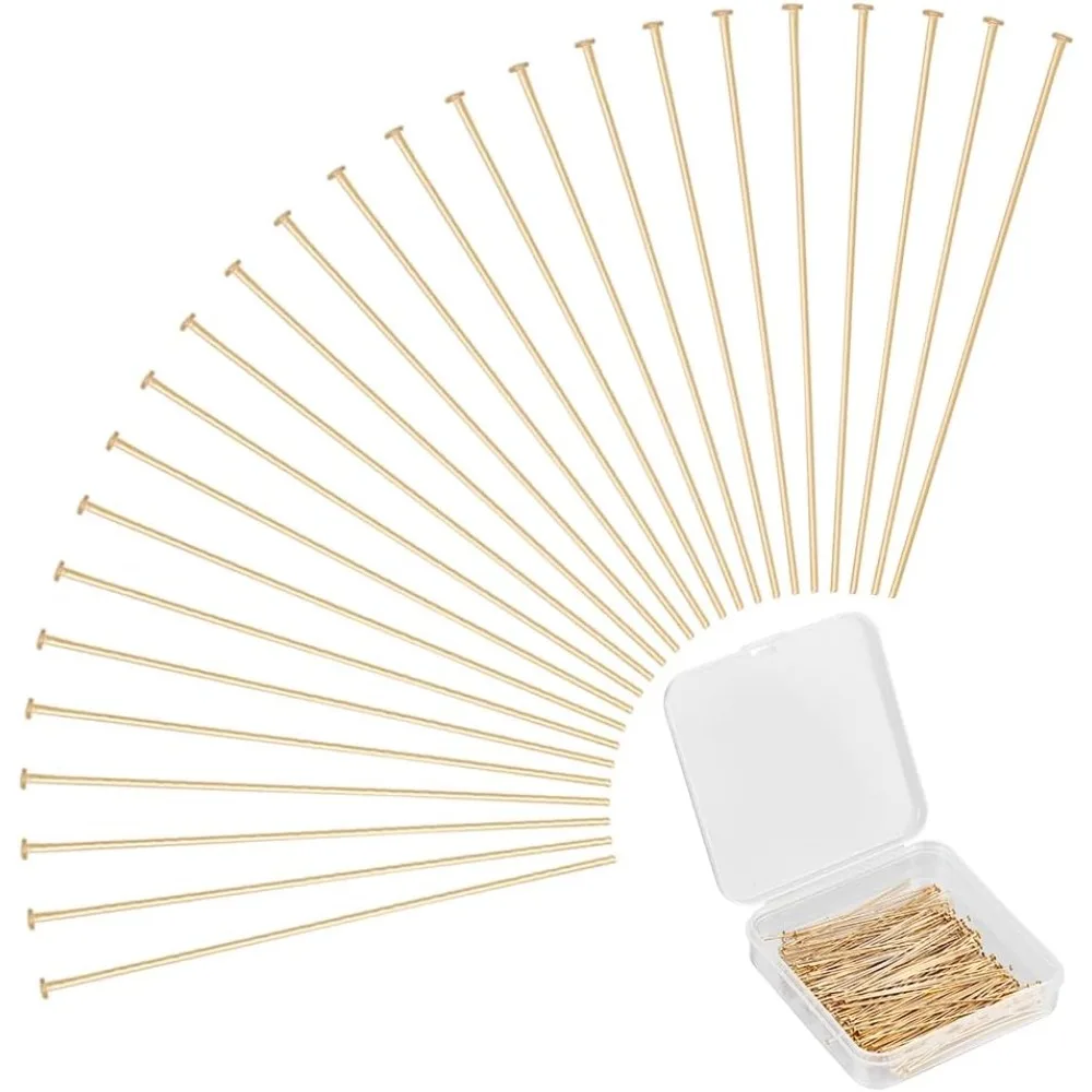 

200pcs Golden Stainless Steel Head Pins 50mm Straight Flat Head Pins Metal End Eye Pins Findings Earring Pins for Jewelry