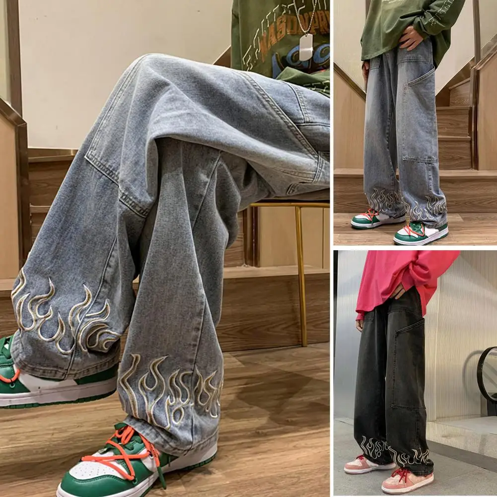 Men Denim Pants Flame Patterned Casual Jeans with Big Pockets Distressing Men's Straight Wide Leg Denim Trousers for High Street