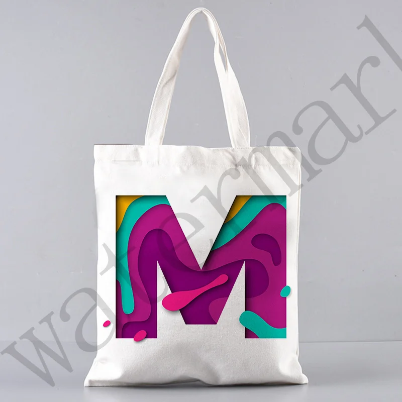 Aquarela alfabeto tote bolsa de lona feminina shoppers sacos de ombro grandes bolsas mercearia dobrável pacote de compras presentes das crianças