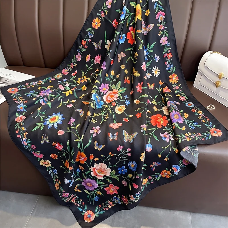 Square Silk Scarf Women Luxury Brand 90cm Satin Print Hijab Scarves Muslim Pareo Bandana Female Shawl Wrap Headband Foulard New