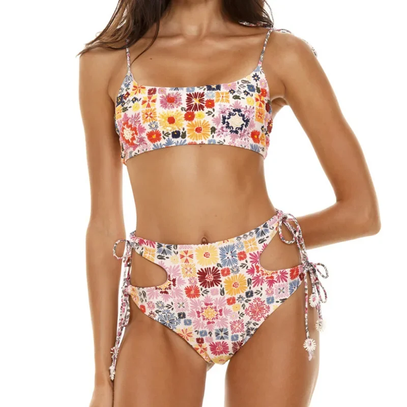 

Новинка лета 2024, женский купальник, комплект микро-бикини с цветочным принтом и высокой талией, купальный костюм на завязках с открытой спиной, купальники Y255