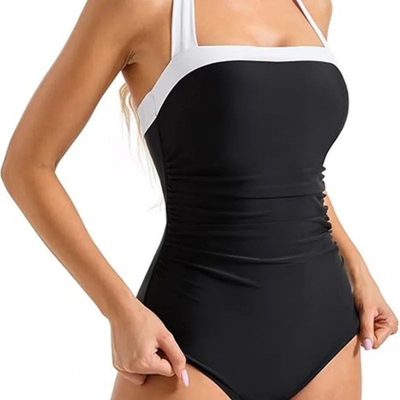 

Multi-color one-piece swimsuit with open back, color-blocking, slimming and tummy control