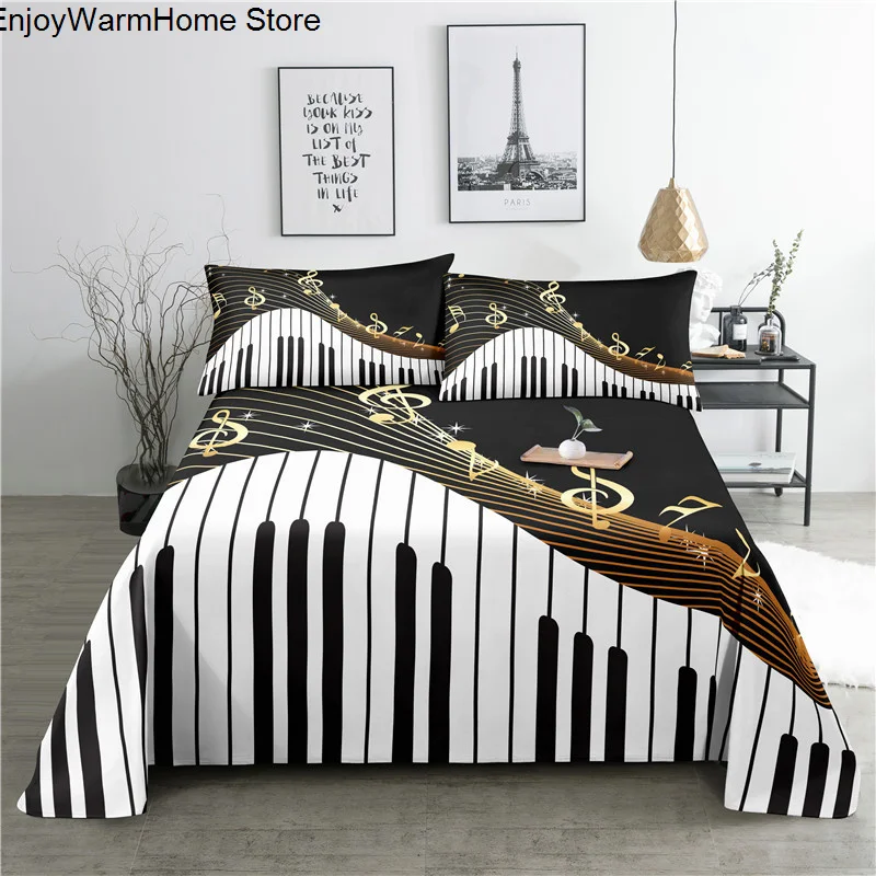 fashion Music Sheet Set Piano Keyboard Music Note Printed Bed Flat Sheet With Pillowcase Polyester Bedding