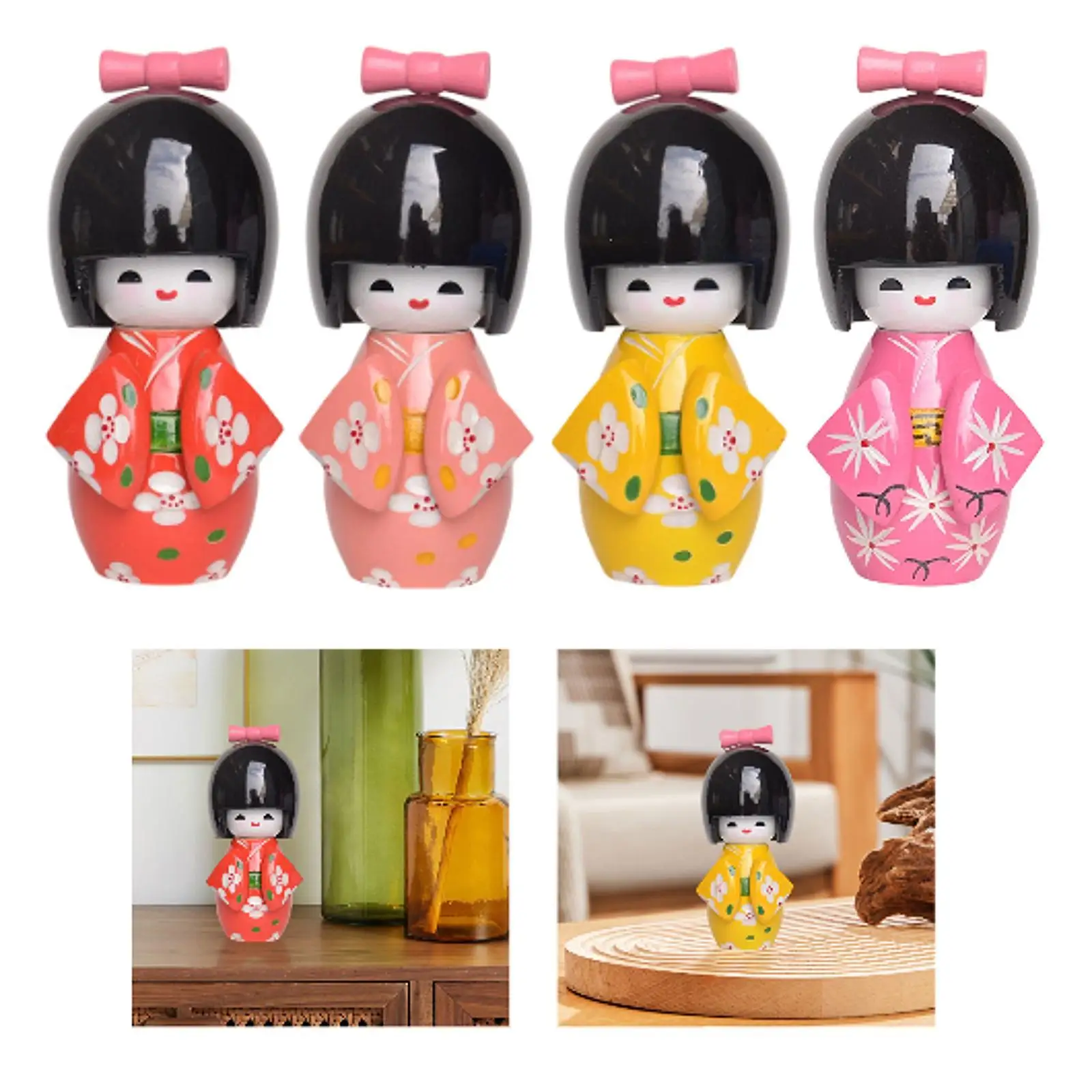 Japanese Miniature Geisha Doll Wood Figure Traditional Decorative Statue for Shelf Cabinet Office Decor