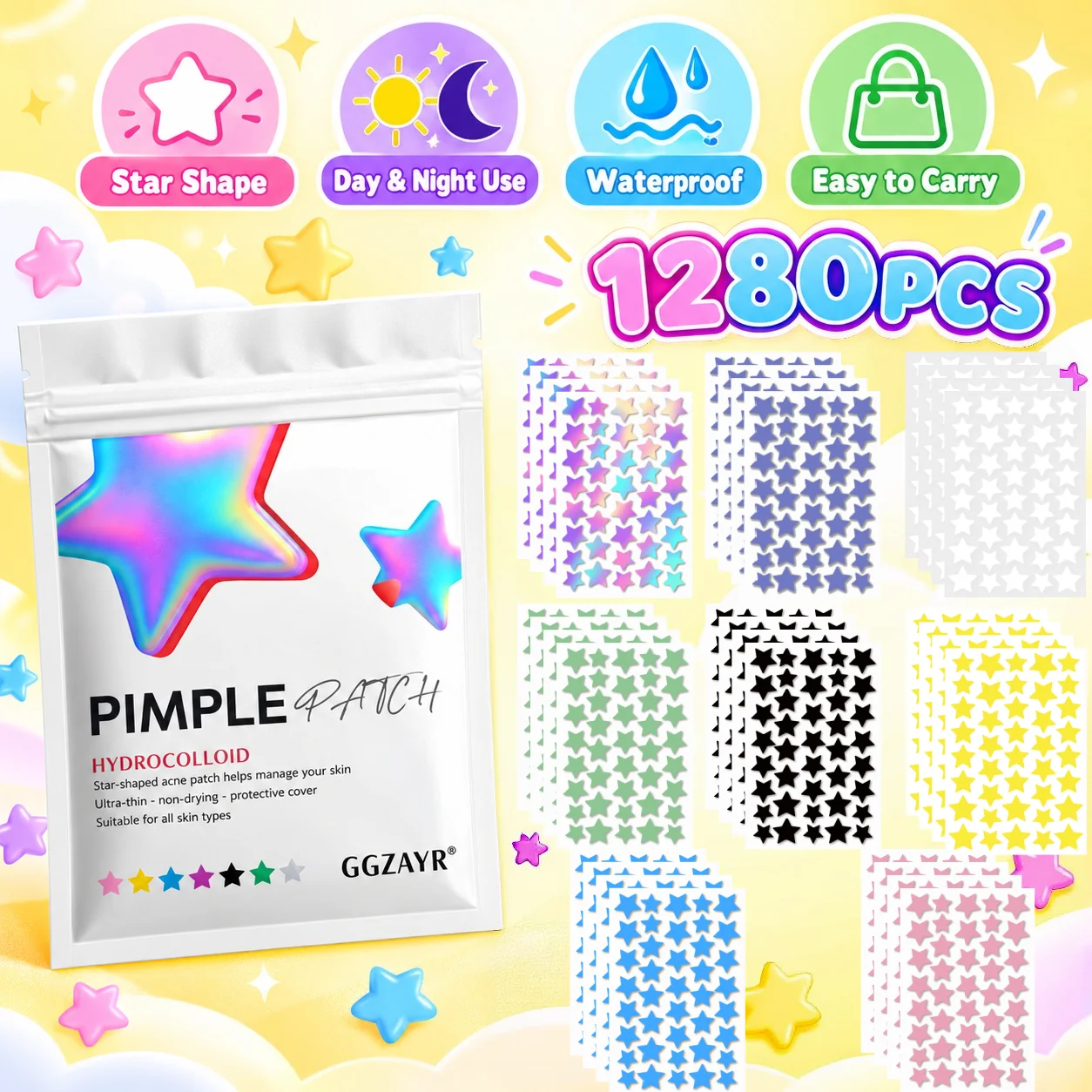 1280PCS Colorful Star Pimple Patches, 8 Color Mix Hydrocolloid Face Stickers for Daily Styling, Travel and Party Makeup