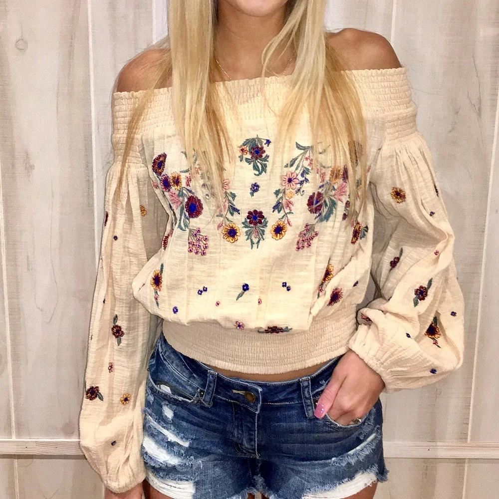 Le Luz Floral Embroidery Summer Tops Blouses Womens  Off Shoulder Sexy Boho Hippie Womens Blouse Chic Cotton Ladies Ladies Top