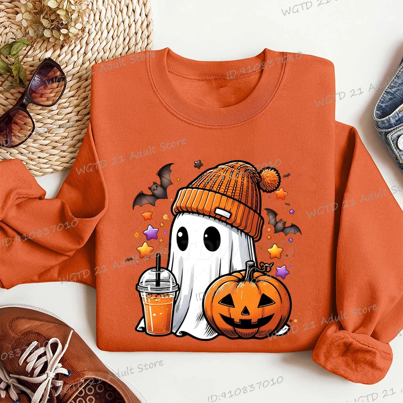 Fashionable Halloween Boo and Pumpkin Print Women Sweatshirts Loose Classic Style Long Sleeve Streetwear Spooky Pullover Tops