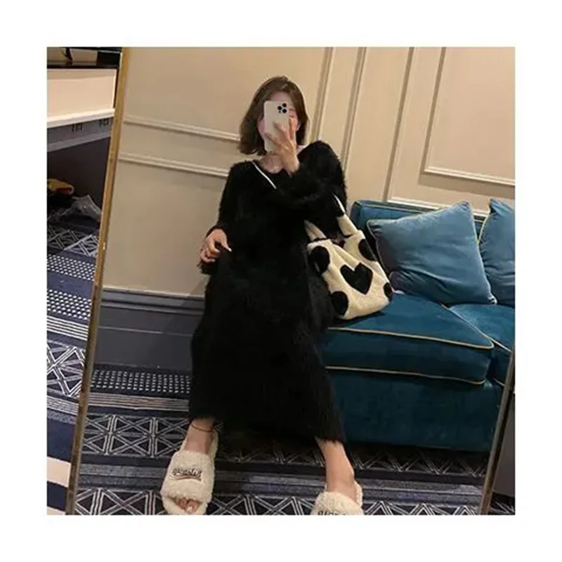 2024 Autumn Winter Female New Popular Imitation Mink Fur Loose Knee Length Long Skirt Solid Color Women Casual Sleepwear Dress