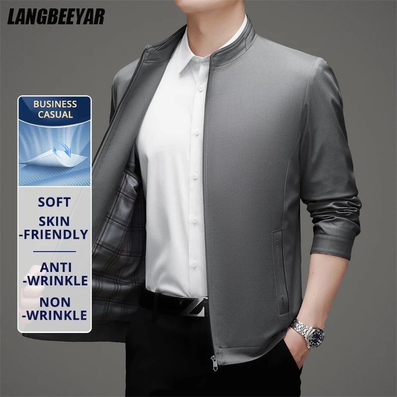 

High End Anti Wrinkle Men Business Casual Blazer Jacket Dad's Outfit Stand Collar Middle Aged Windbreaker Executive Coats