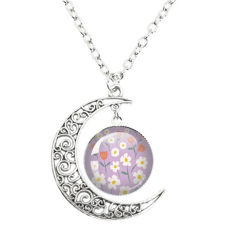 Handmate Abstract Flower Art Pattern Round Photo Glass Hollow Out Pendant Moon Necklace Gifts For Women Jewelry