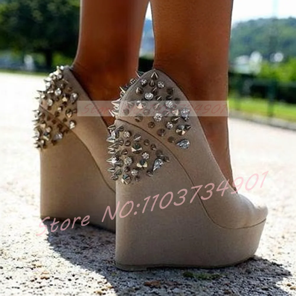 Spiked Crystal Rivet Platform Pumps Women Hot Pink Pull On Round Toe Wedge High Heels Shoes Female Dress Solid FashionPunk Pumps