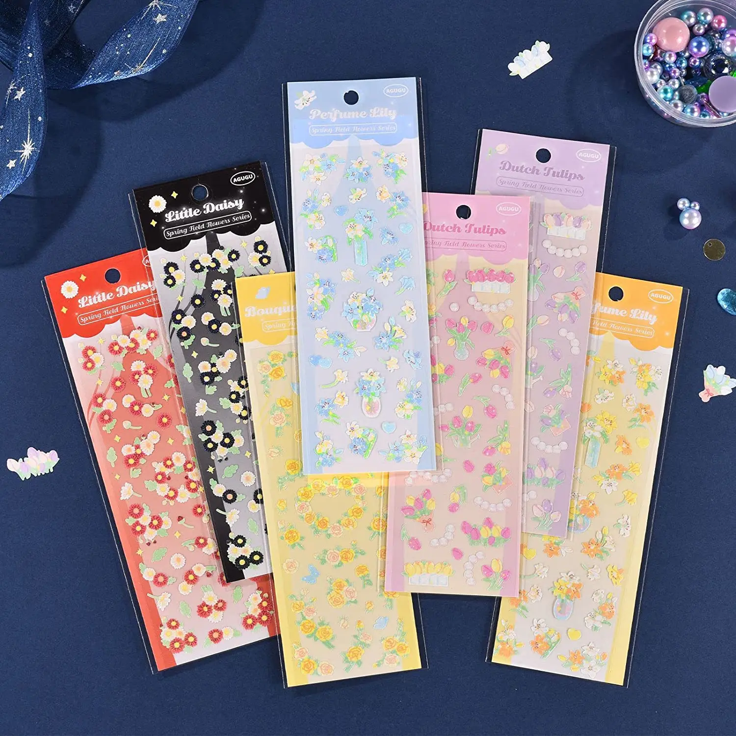 Korean Deco Stickers Set, DIY Colorful Glitter Self Adhesive Stickers with Flower Style, Kpop Photocard Stickers Rose Lily Daisy