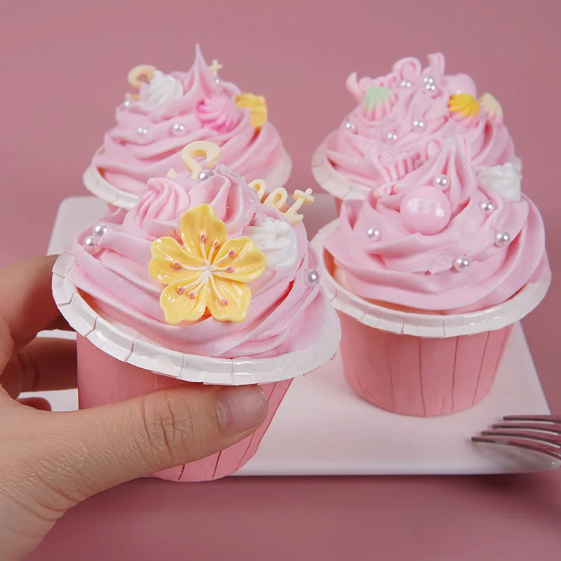 Artificial Mousse Cupcake Soft Dessert Pink Cake Snack Scaledecoration Simulation Food Model Refrigerator Stickers Home Decor
