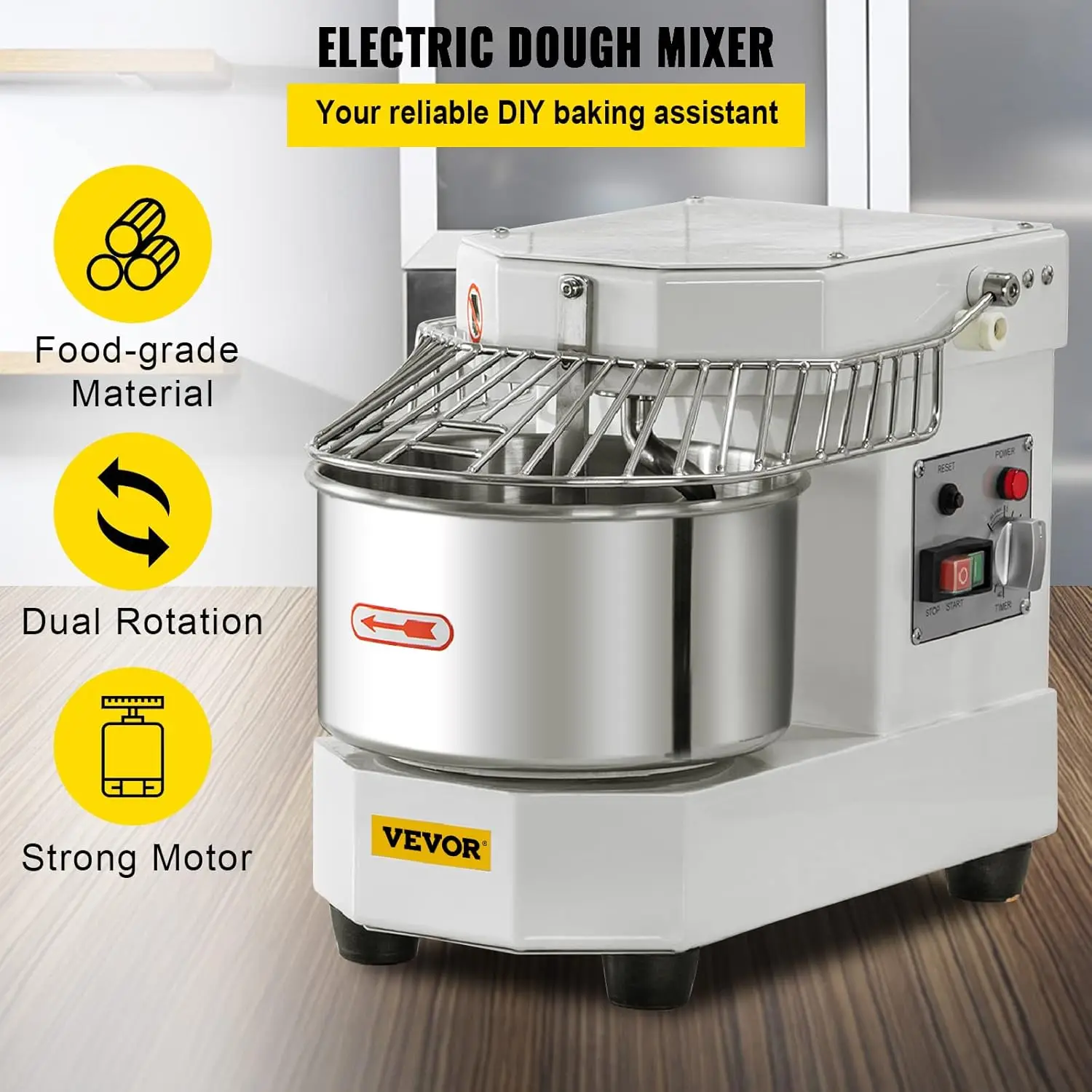 Food Mixer, 8.5Qt Capacity, 450W Dual Rotating Dough Kneading Machine with Food-grade Stainless Steel Bowl, Sec