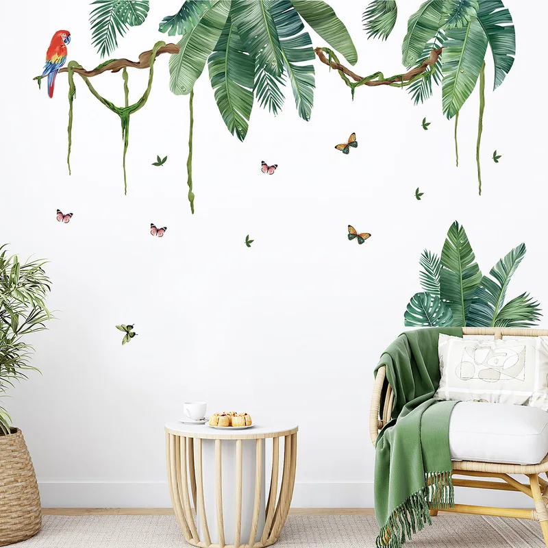 Tropical Style Self-adhesive Wall Stickers Jungle Parrot Butterflies And Palm Leaves Home Decor for Living Room and Bedroom